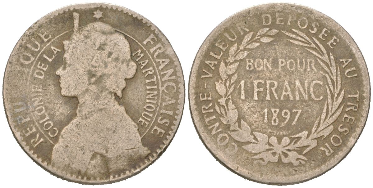 Мартиника 1 франк 1897 KM?41 медно-никель 441-1315