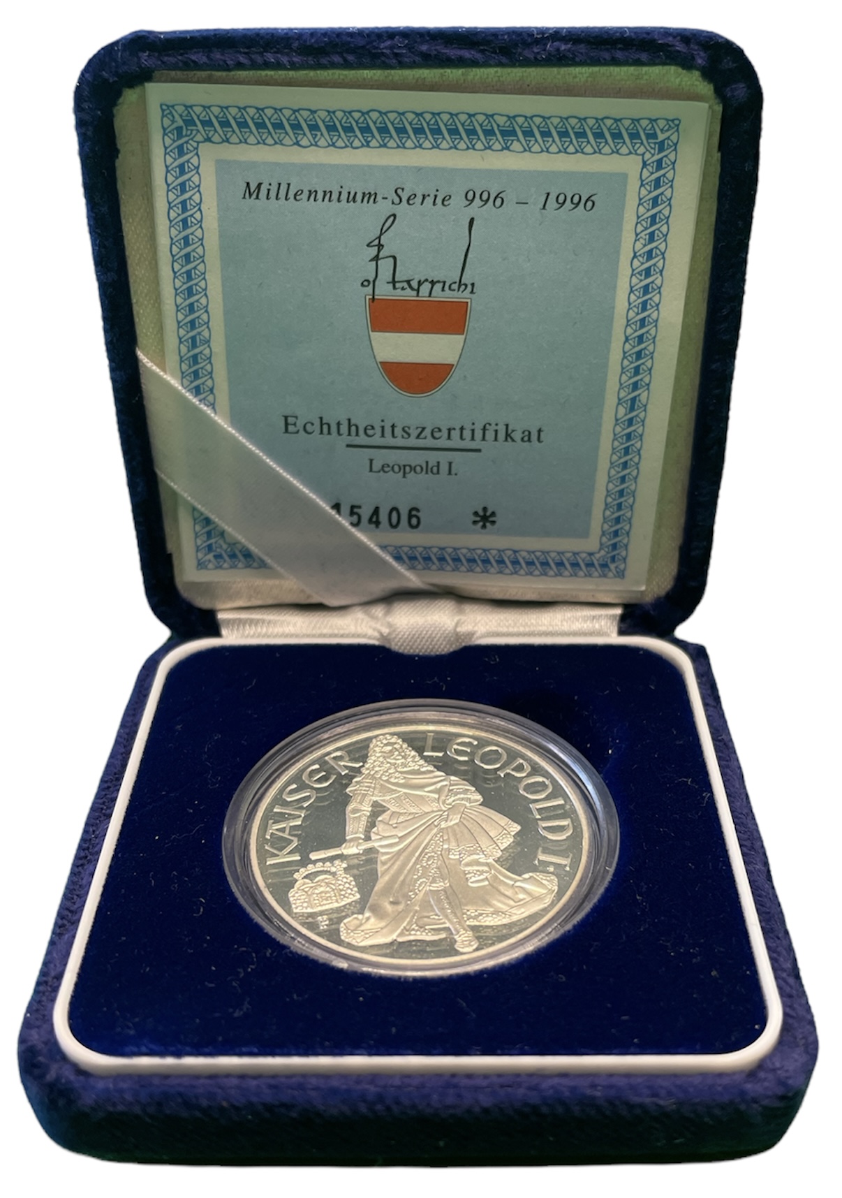 Австрия 100 шиллингов 1993 Леопольд I, в коробке, с сертификатом подлинности KM 3009 серебро PROOF 00-00