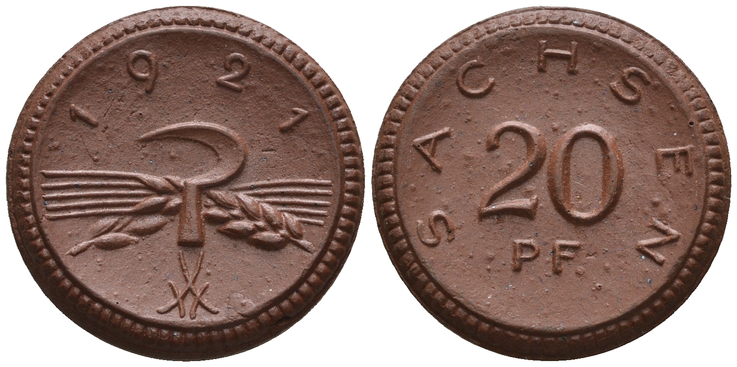 Саксония 20 пфеннигов 1921 колосья и серп J. N 53 фарфор UNC 1094-8-81