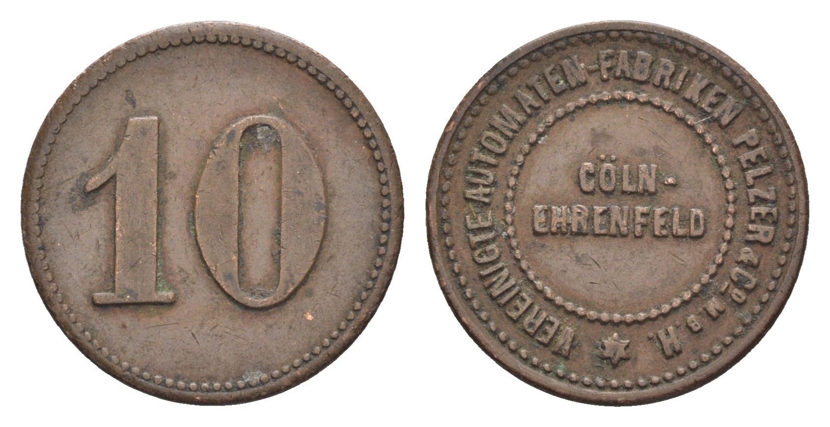 Кельн-Эренфельд 10 пфеннигов ND Объединенная фабрика торговых автоматов Пельцер медь 4528-732