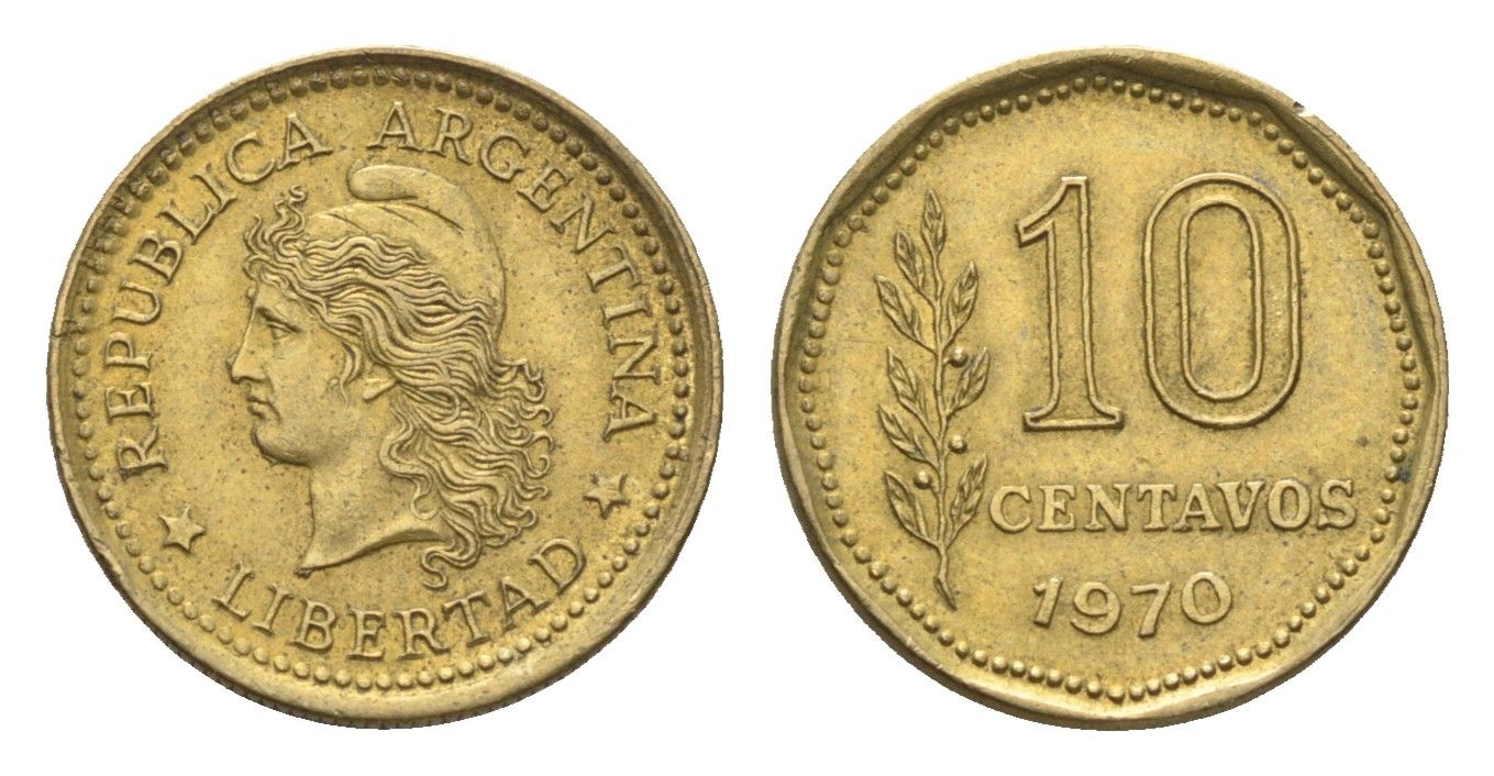 Аргентина 10 сентаво 1970 KM 66 латунь 4664-557