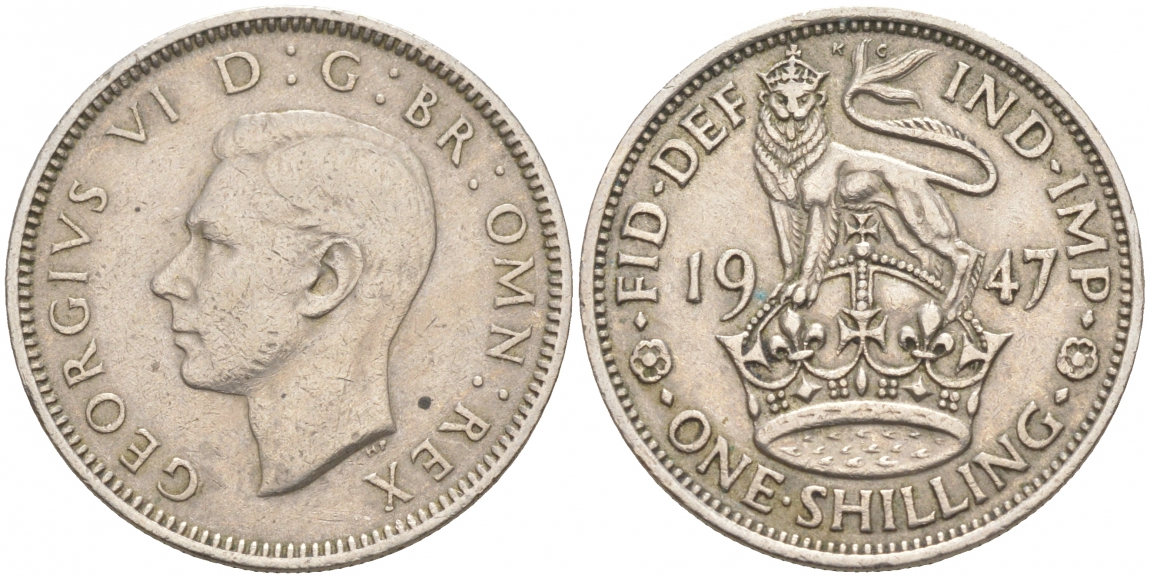 Великобритания 1 шиллинг 1947 Георг VI (1936-1952), Английский герб KM 863, Spink 4103 медно-никель 68-134