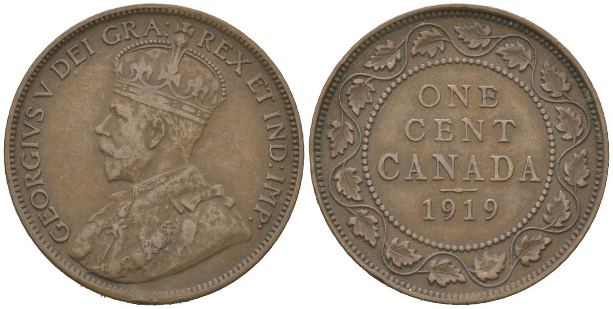 Канада 1 цент 1919 Георг V (1910-1936) KM 21 медь 110-1051