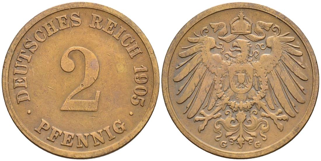 ГЕРМАНИЯ 2 ПФЕННИГА 1905 G KM 16, Jager 11, Weege 4 медь 4546-631