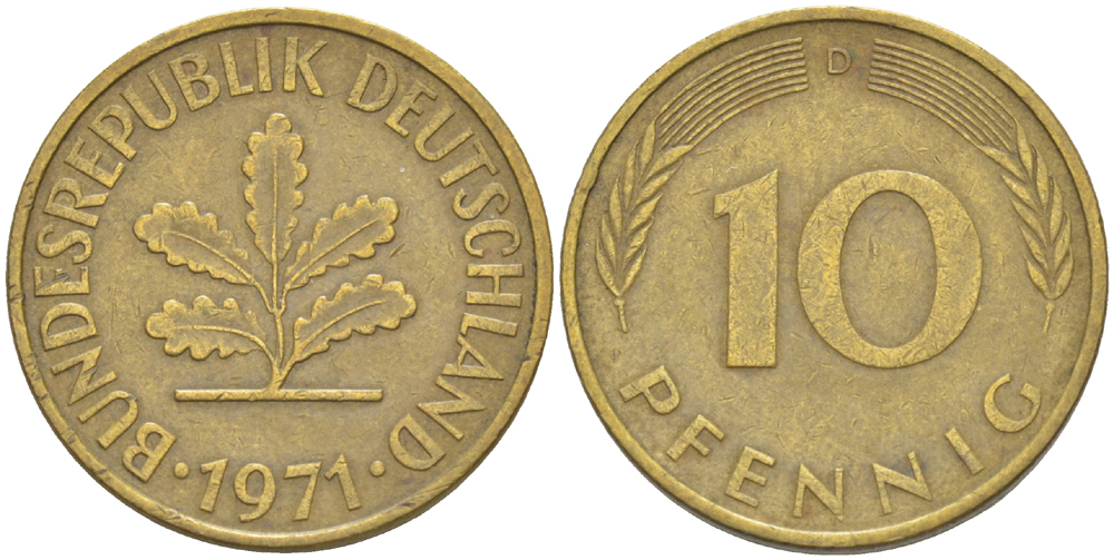 ФРГ 10 ПФЕННИГОВ 1971 D KM 108, J. 383 сталь плакированная латунью 4182-821