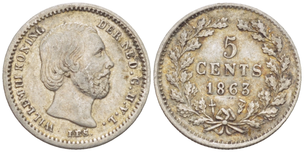НИДЕРЛАНДЫ 5 ЦЕНТОВ 1863 ВИЛЛЕМ III KM 91 серебро 66-1226