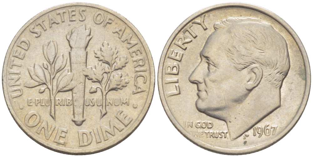 США 10 центов (дайм) 1967 Рузвельт KM 195а медь плакированная медно-никелем 211-1263