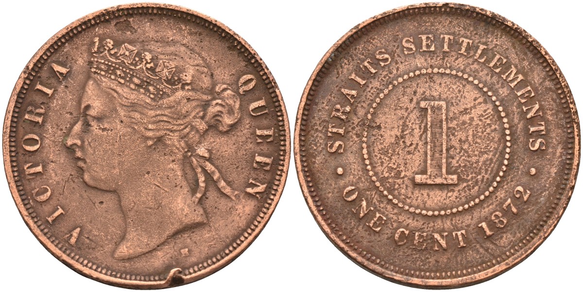 Стрейтс-Сетлментс 1 цент 1872 Виктория (1837-1901), Ост-Индская компания KM 9 медь 4590-313