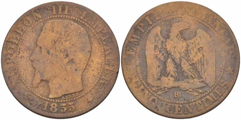 Франция 5 сантимов 1855 BB, Наполеон III (1852-1870) KM 777.3, LE FRANC 116.21 бронза 108-346