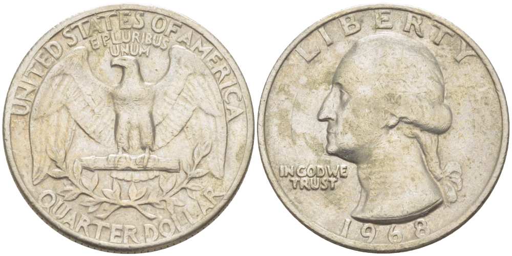 США 25 центов (квотер) 1968 Вашингтон KM 164a медь плакированная медно-никелем 4402-1155