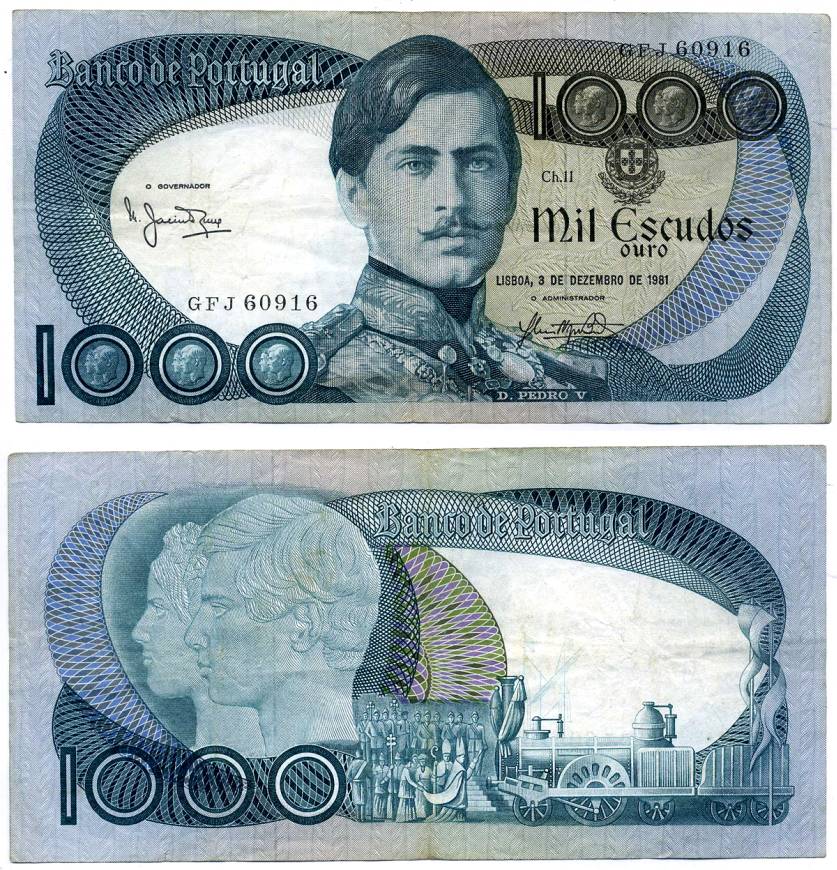Португалия 1000 эскудо 1981 Педру V с королевой Стефанией, паровоз, 3 декабря, Manuel Jacinto Nunes & Jose Luís Nogueira de Brito Pick 175 c(3) бумага XF- 7203-45-3