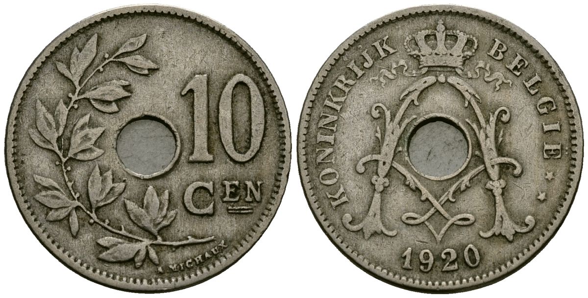Бельгия 10 сантимов 1920 Belgie KM 86 медно-никель 4172-614
