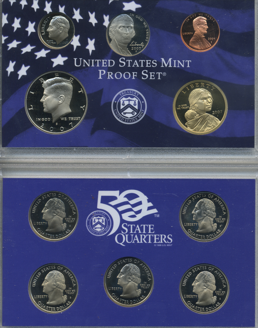 США 2 официальных набора в одном 2007 S, два пруфсета в пластиковых коробках, регулярный чекан и 5 квотеров штаты, в оригинальной коробке с сертификатом PROOF 3-6-2-6