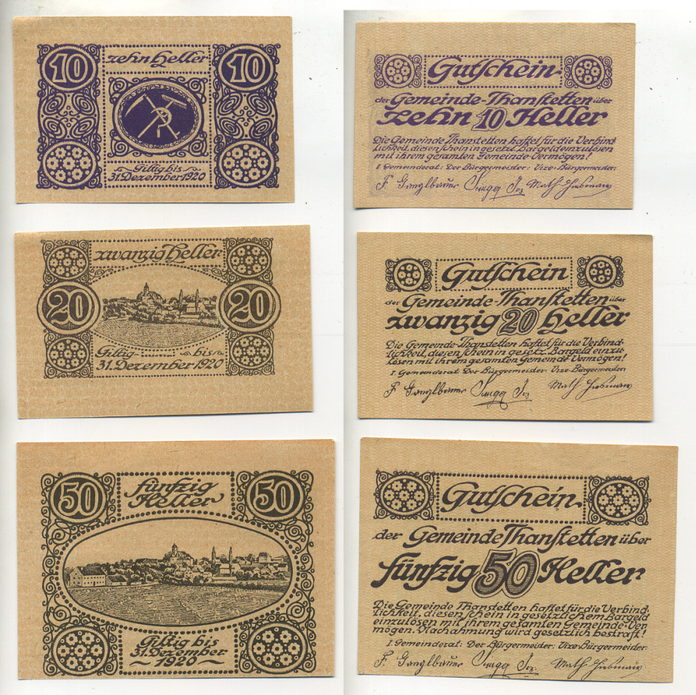 Австрия набор из 3 банкнот 1920 до 31 декабря 1920, нотгельд, 10, 20, 50 геллеров, THANSTETTEN   бумага  aUNC  7555-1-1-1