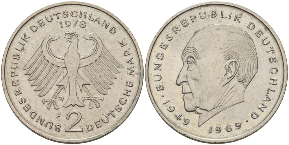 ФРГ 2 МАРКИ 1978 F, КОНРАД АДЕНАУЭР KM 124, J. 406 медно-никель плакированный никелем 67-632