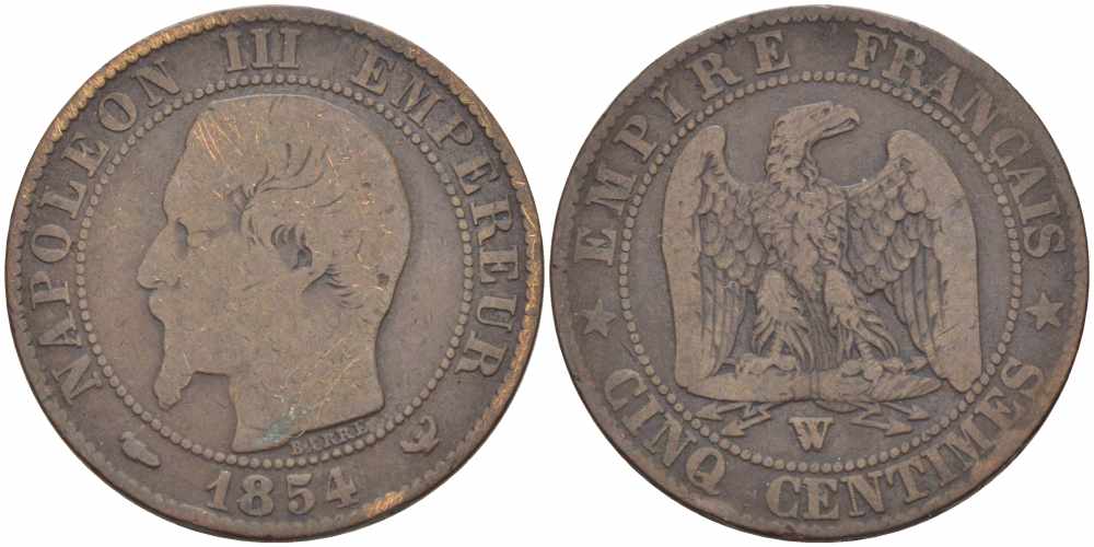 ФРАНЦИЯ 5 САНТИМОВ 1854 W, НАПОЛЕОН III (1852-1870) KM 777.7, LE FRANC 116.15 бронза 108-256