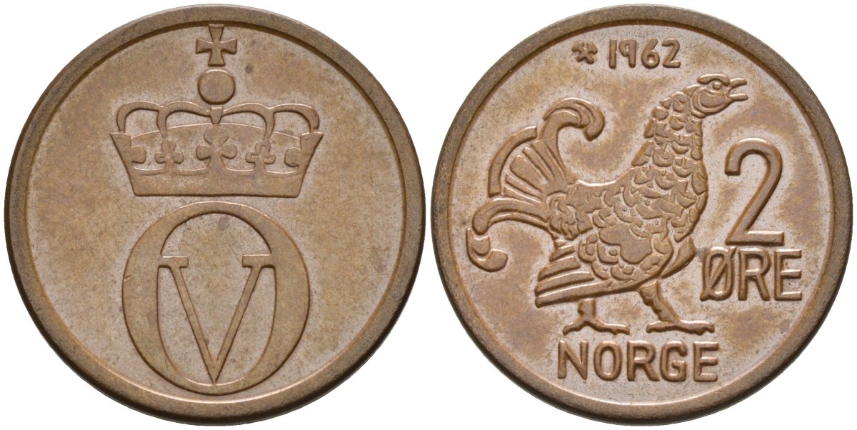 Норвегия 2 эре 1962 глухарь, Улаф V (1958-1991) KM 410 бронза UNC 4582-525