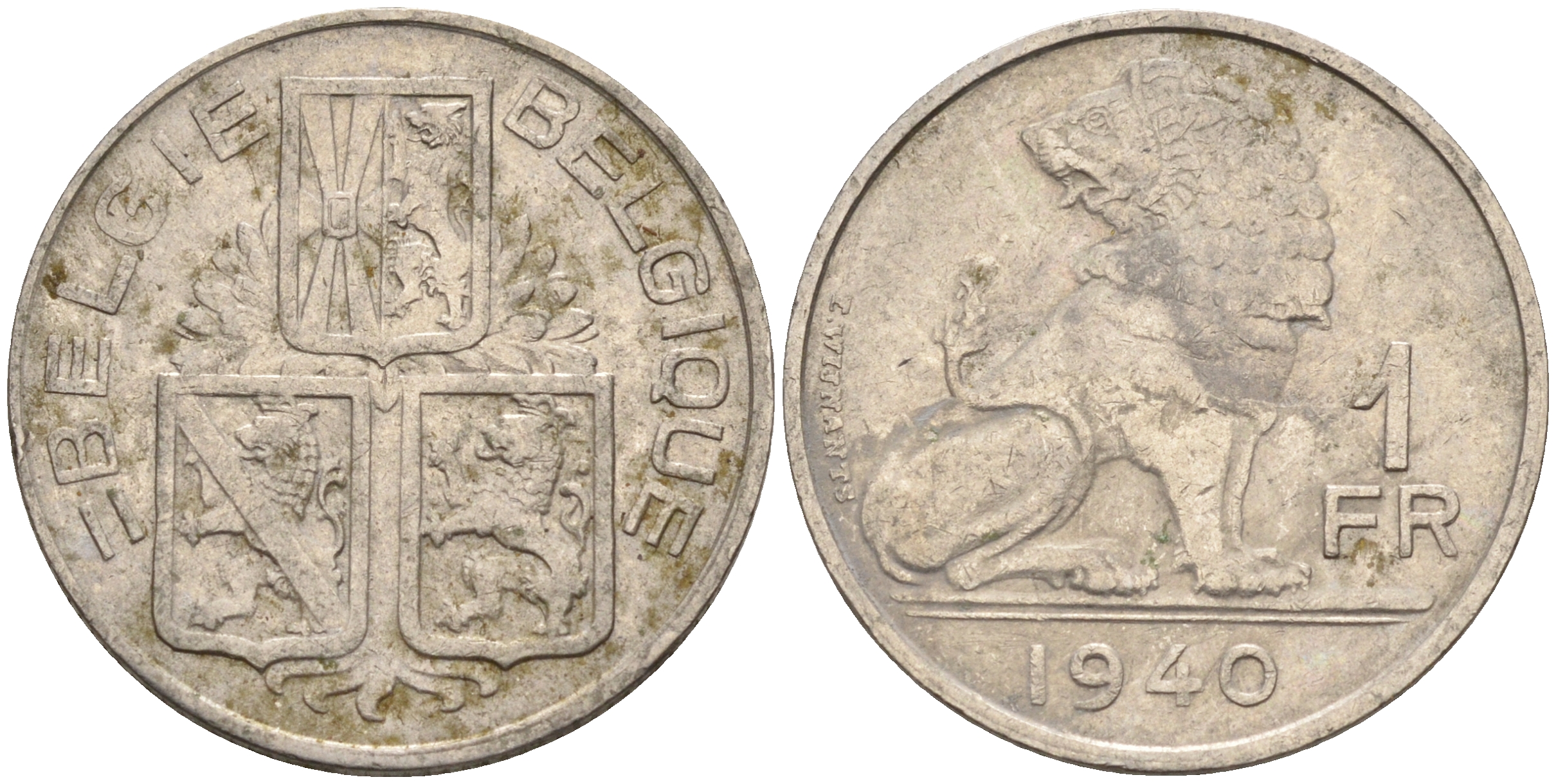 Бельгия 1 франк 1940 BELGIE-BELGIQUE KM 120 никель 4592-454