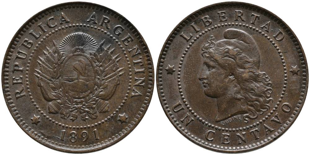 Аргентина 1 сентаво 1891 голова свободы влево KM 7 бронза 4525-1042