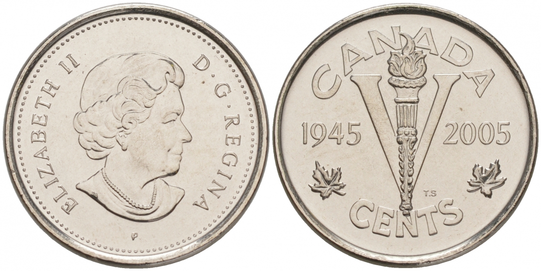Канада 5 центов 2005 60 лет победы во Второй мировой войне KM 627 никелированная сталь UNC M32-01