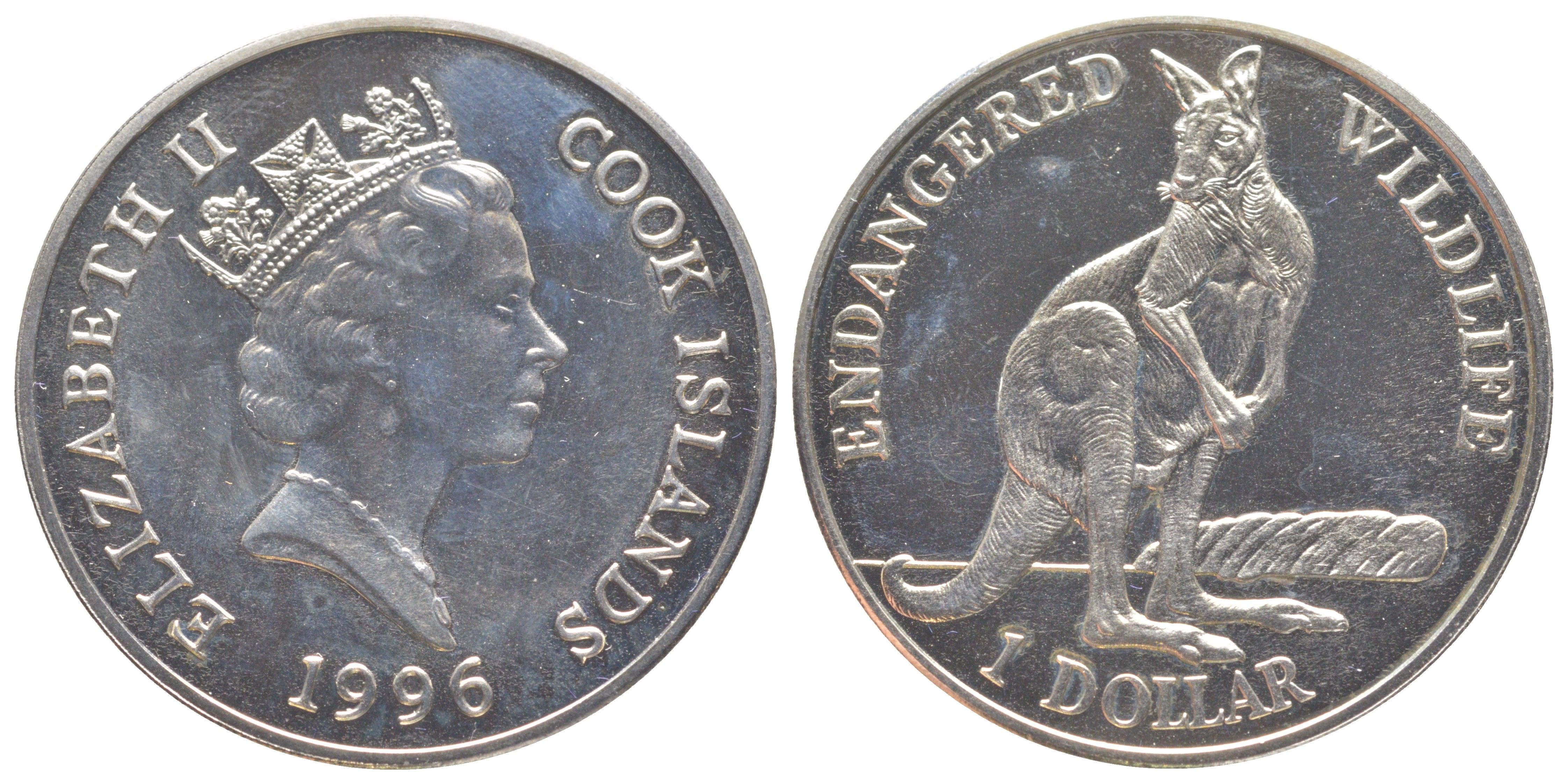 Острова Кука 1 доллар 1996 Вымирающие виды - Кенгуру KM 349 медно-никель BU 1525-745