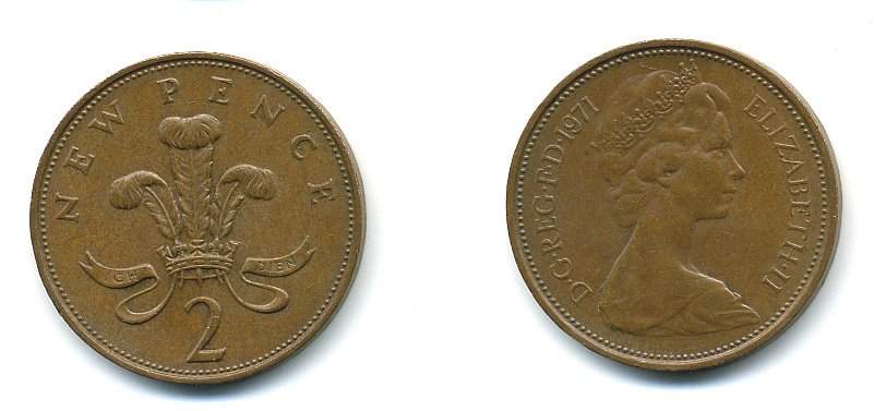 Великобритания 2 пенса 1971 Елизавета II (1952-2022) КМ 916, Spink 4235 (C1) бронза 4110-626