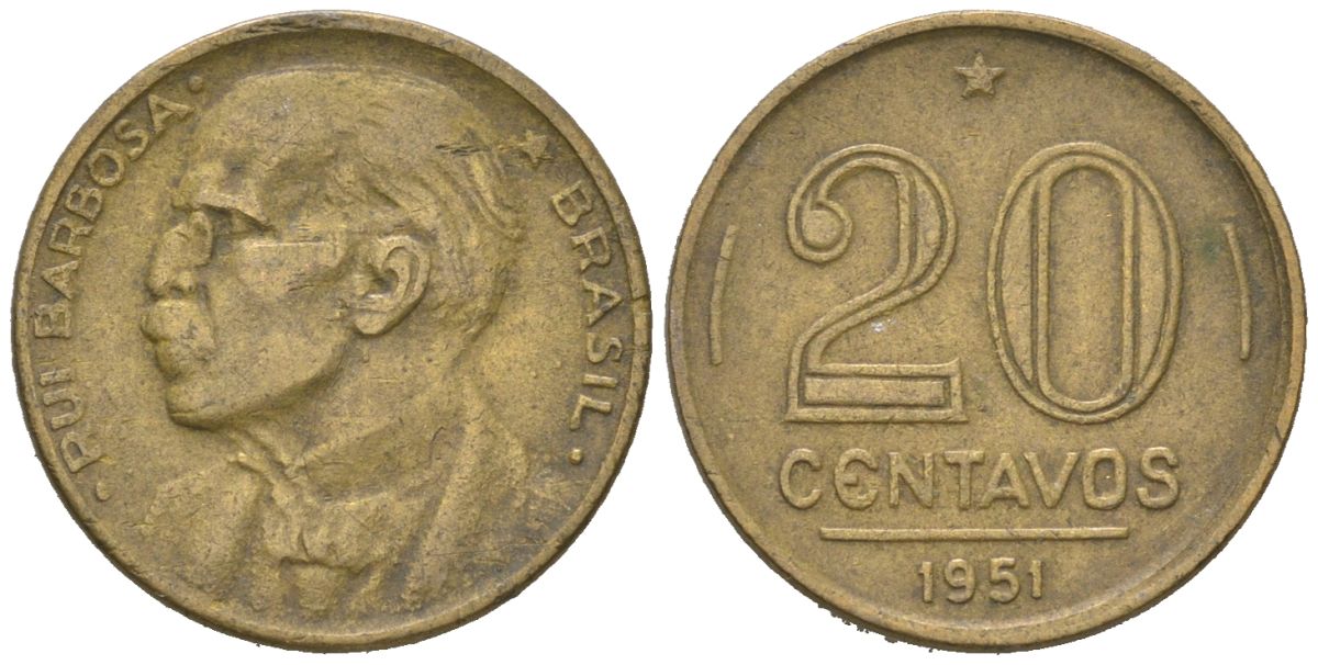Бразилия 20 сентаво 1951 Руй Барбоза ди Оливейра KM 562 алюминиевая бронза 4596-227