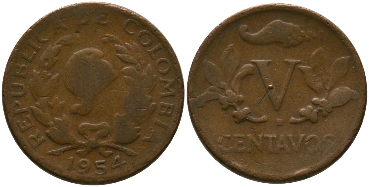 Колумбия 5 сентаво 1954 B KM 206, Schon 27, Hernandez 381, Restrepo 370.15 медь 4576-1232