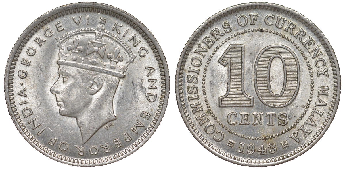 Британская Малайя 10 центов 1943 Георг VI (1937-1952) KM 4a серебро 53-254