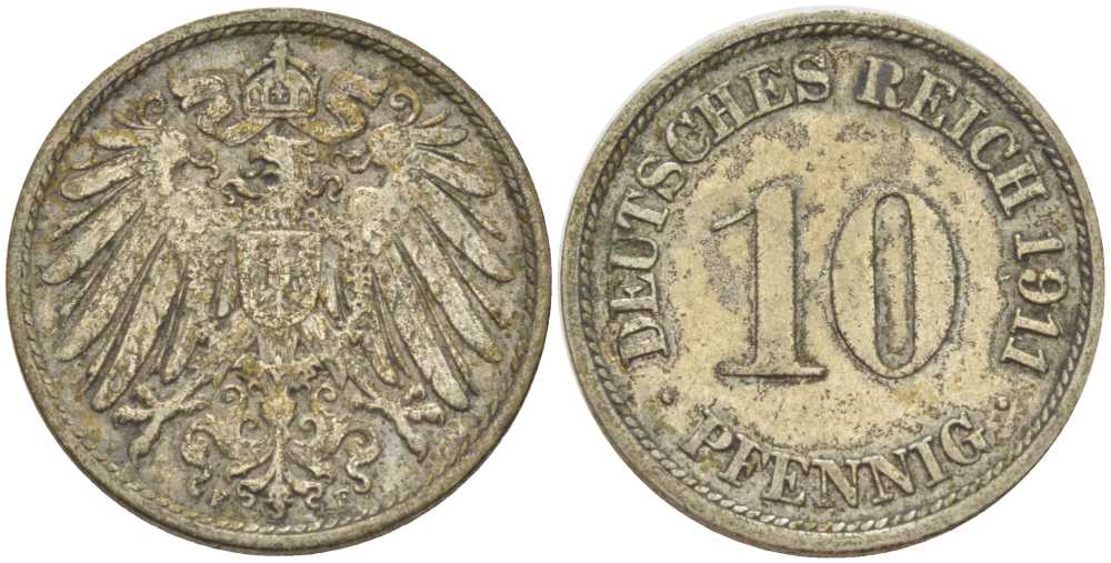 ГЕРМАНИЯ 10 ПФЕННИГОВ 1911 F KM 12, J. 13, Weege 8 медно-никель 212-152