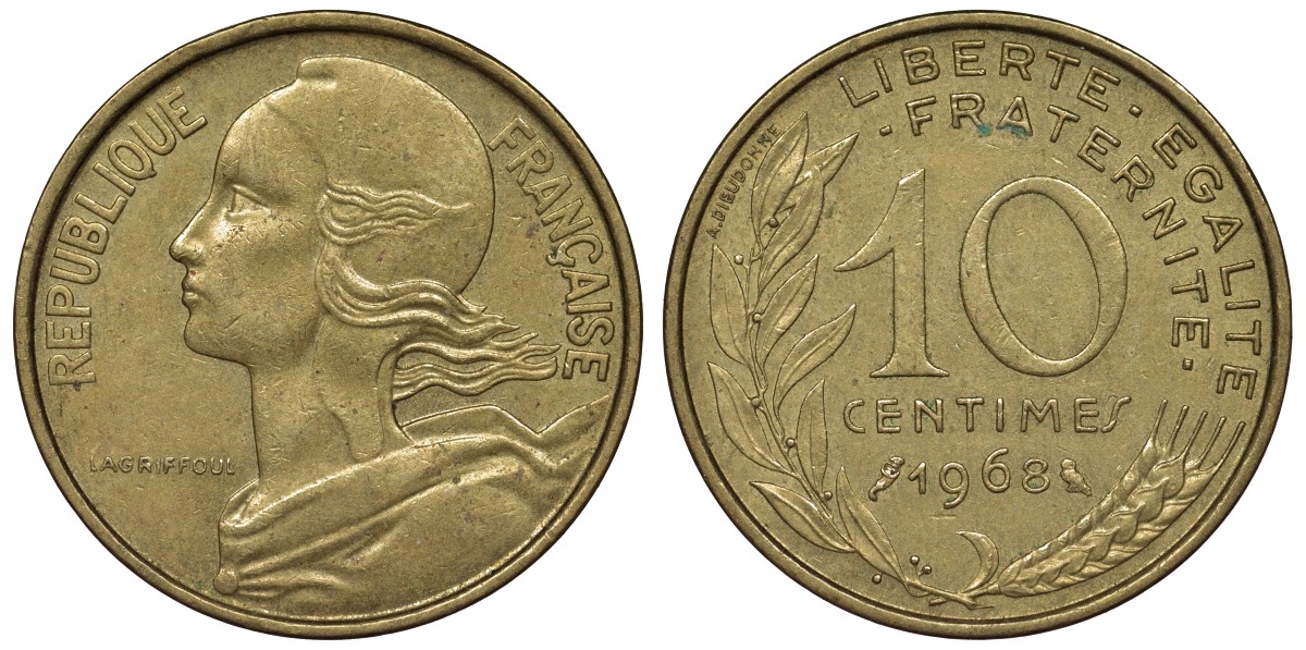 Франция 10 сантимов 1968 тип Marianne KM 929, Le Franc 144.8 медь алюминий никель 4128-154