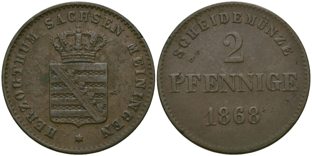 Саксен-Мейнинген 2 пфеннига 1868 Георг II (1866-1914) KM 174 медь 99-659
