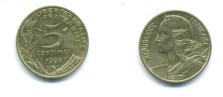 ФРАНЦИЯ 5 САНТИМОВ 1998 ТИП MARIANNE KM 933 медь алюминий никель 84-1562