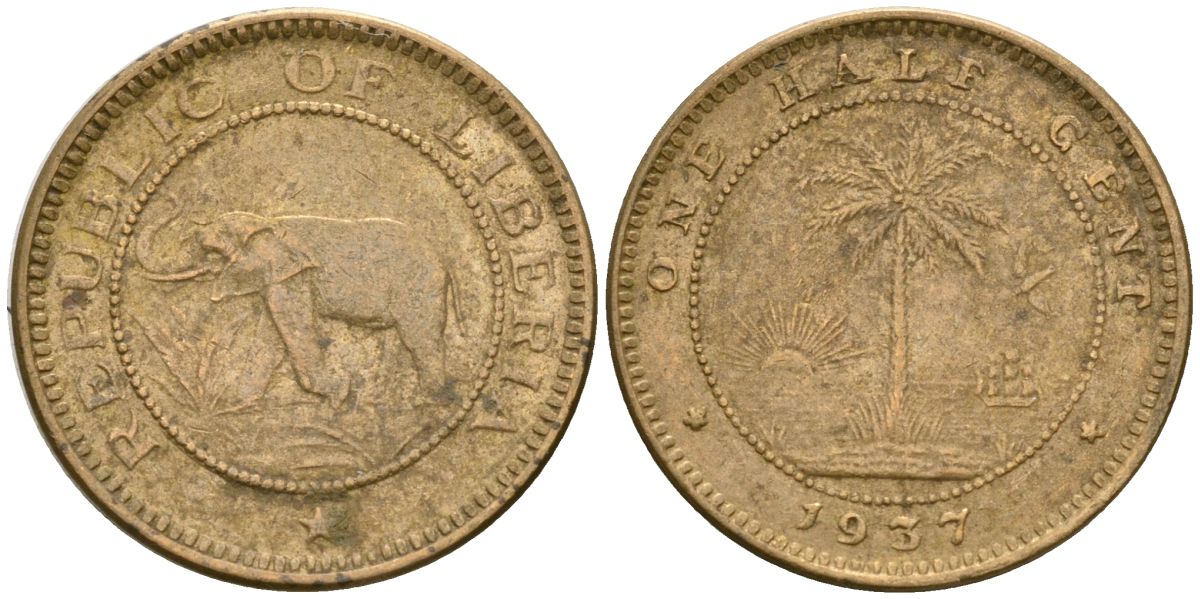 Либерия 1/2 цента 1937 KM 10 латунь 4174-348