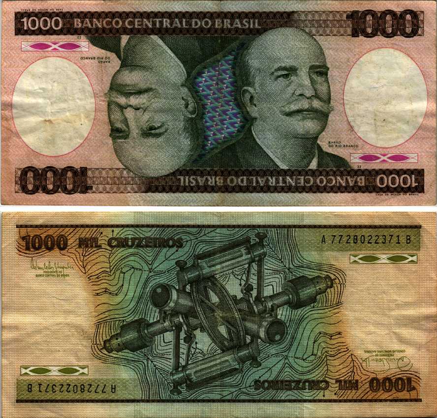 Бразилия 1000 крузейро 1985 барон Риу-Бранку, подпись 22, серия А 7728 Pick 201с бумага 445-1-1