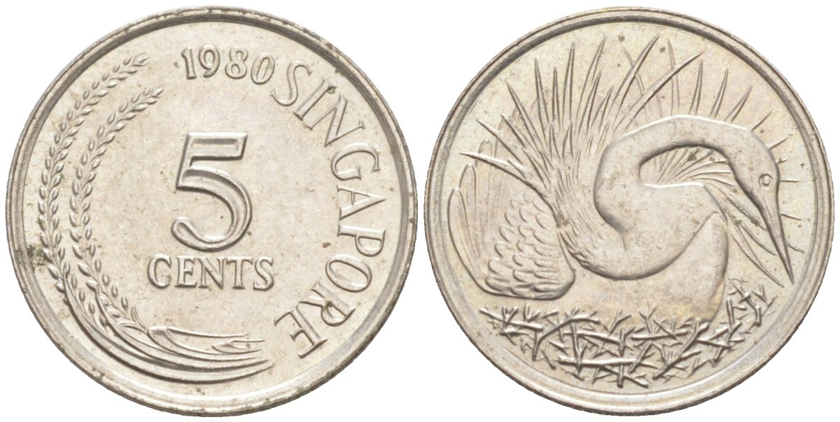 Сингапур 5 центов 1980 большая белая цапля KM 2 медно-никель 187-452