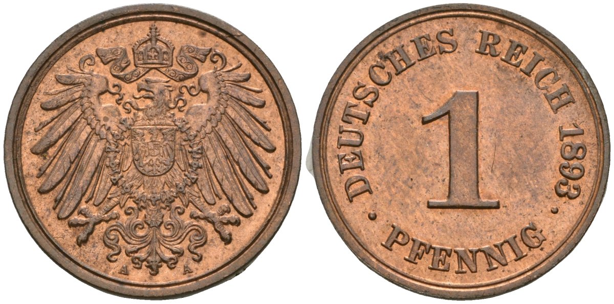 Германия 1 пфенниг 1893 A, Вильгельм II (1888-1918) KM 10, J. 10 медь aUNC 1525-523