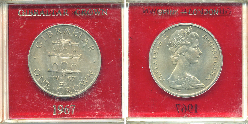 Гибралтар 1 крона 1967 Елизавета II (1952-2022), старый замок, в оригинальной пластиковой коробке, первый год чекана KM 4 медно-никель UNC 6-6-1-7