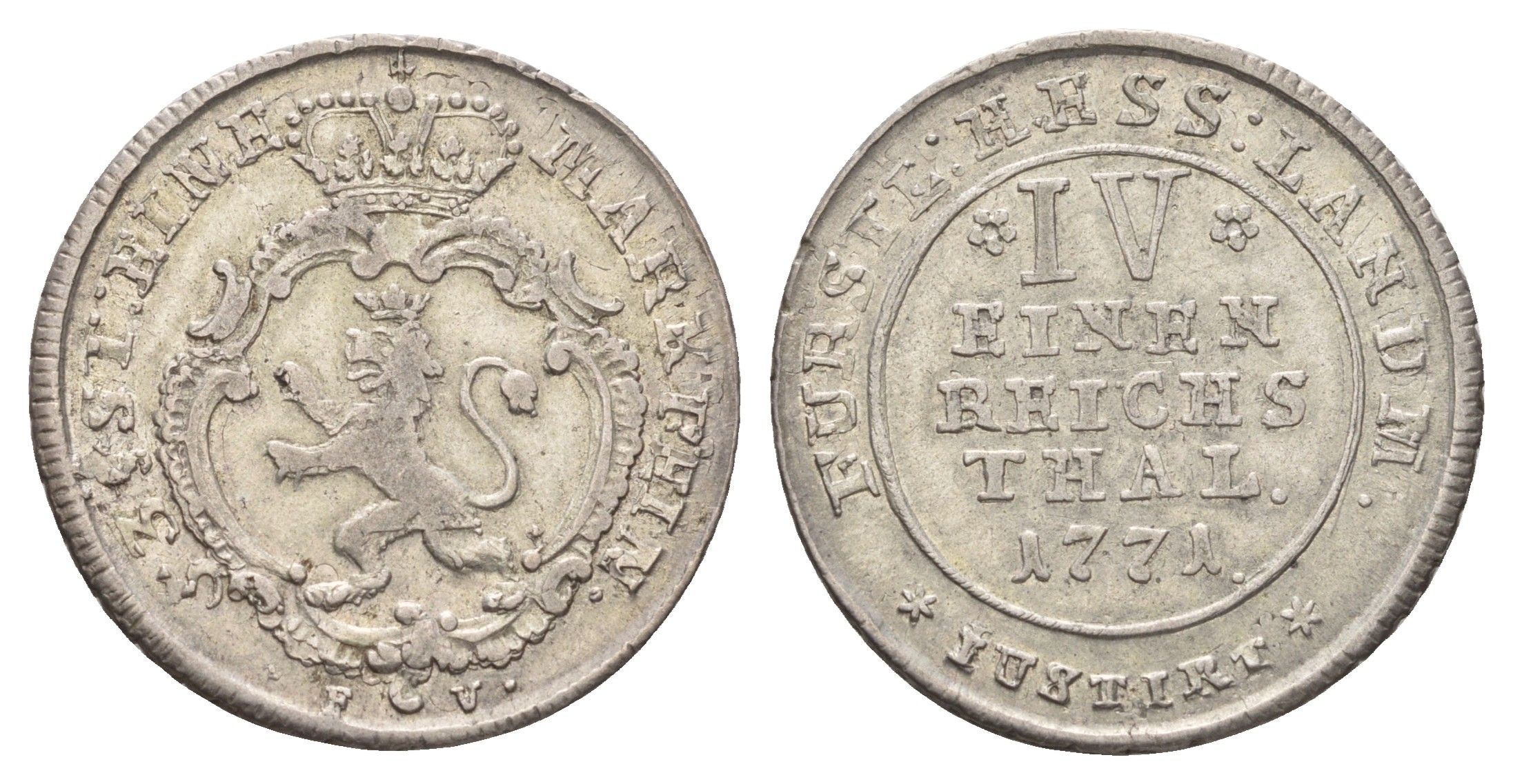Гессен-Кассель 1/4 талера 1771 FU, Фридрих II Гессен-Кассельский (1760-1785) KM 491 серебро 1529-1333