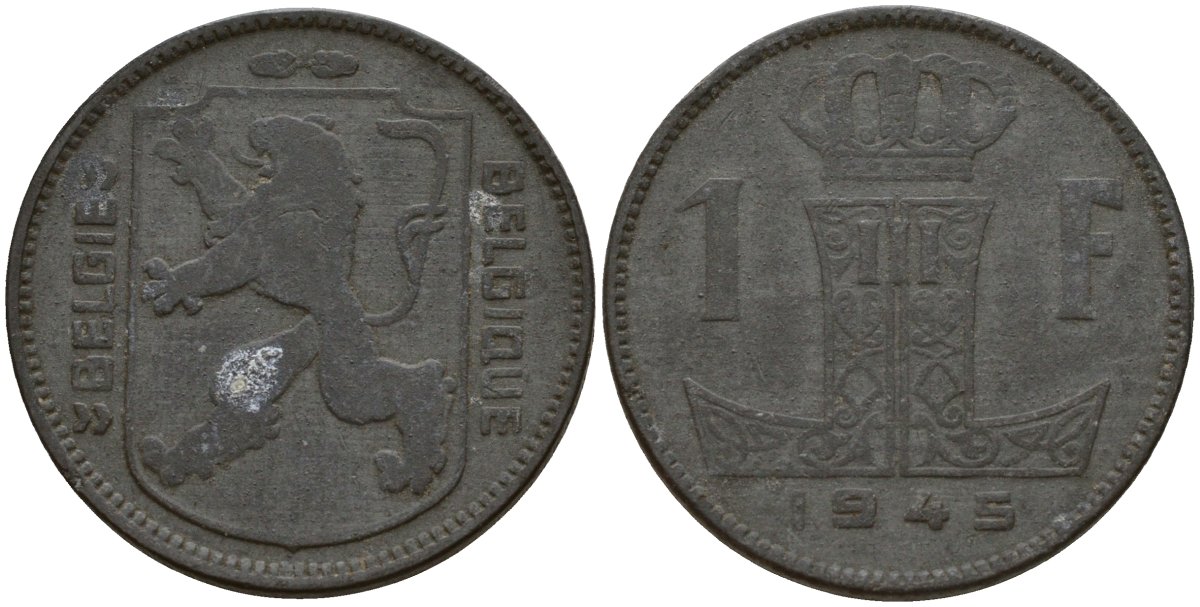 Бельгия 1 франк 1945 Belgie - Belgique, Леопольд III (1934-1947), германская оккупация, Вторая мировая война KM 128 цинк 4161-554