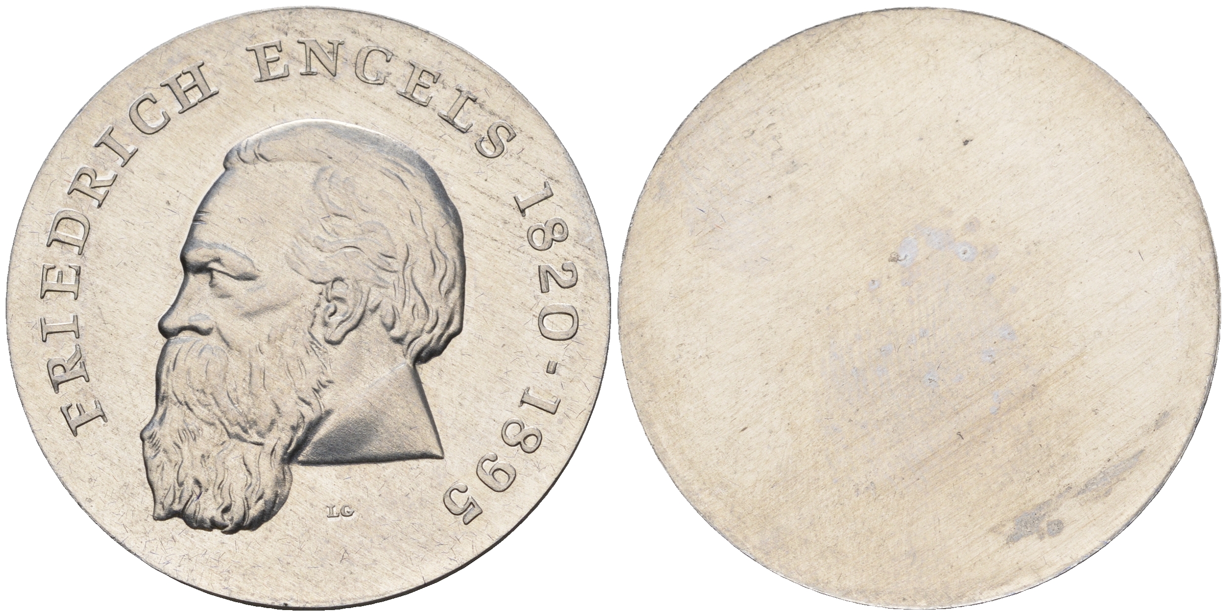 ГДР 20 марок 1970 150 лет со дня рождения Фридриха Энгельса, односторонний алюминиевый чекан на лицевой стороне, тираж 300 штук алюминий UNC 00-820-58