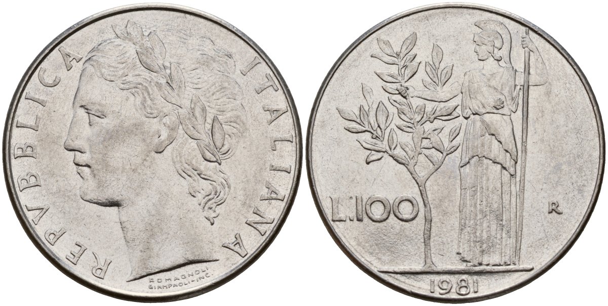 Италия 100 лир 1981 R, Афина у оливкого дерева KM 96.1 нержавеющая сталь 4149-1233