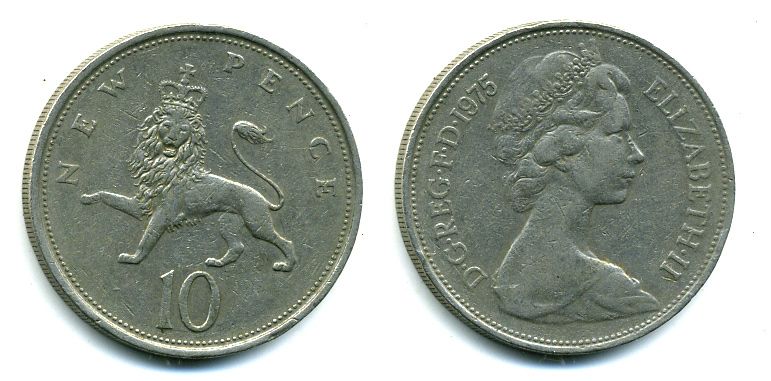 Великобритания 10 пенсов 1975 Елизавета II (1952-2022) KM 912, Spink 4231 (F1) медно-никель 57-157