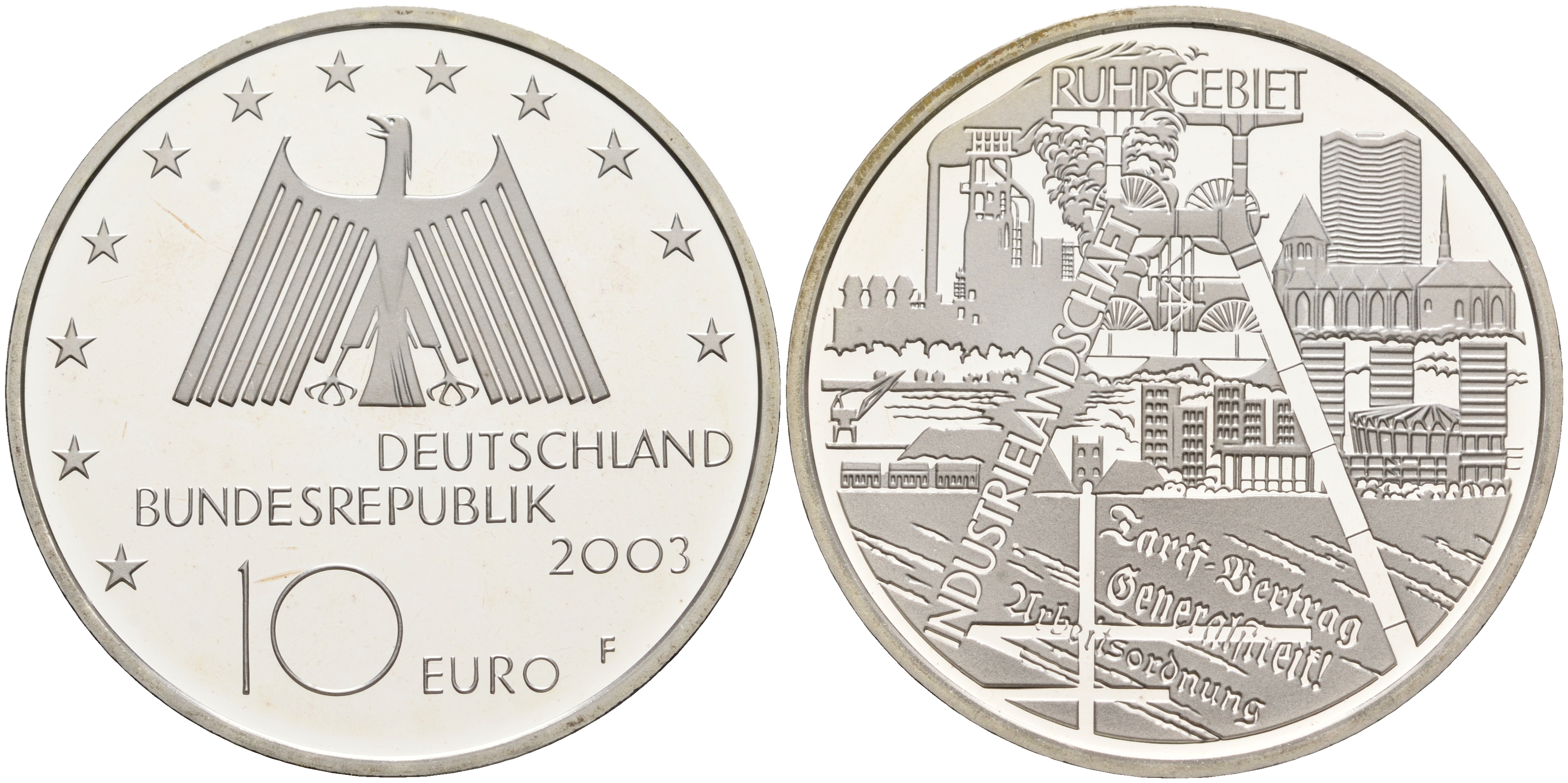 ФРГ 10 евро 2003 F, Рурский бассейн, промышленная зона KM 224, DE.S. 10.10 серебро PROOF 1076-3-34