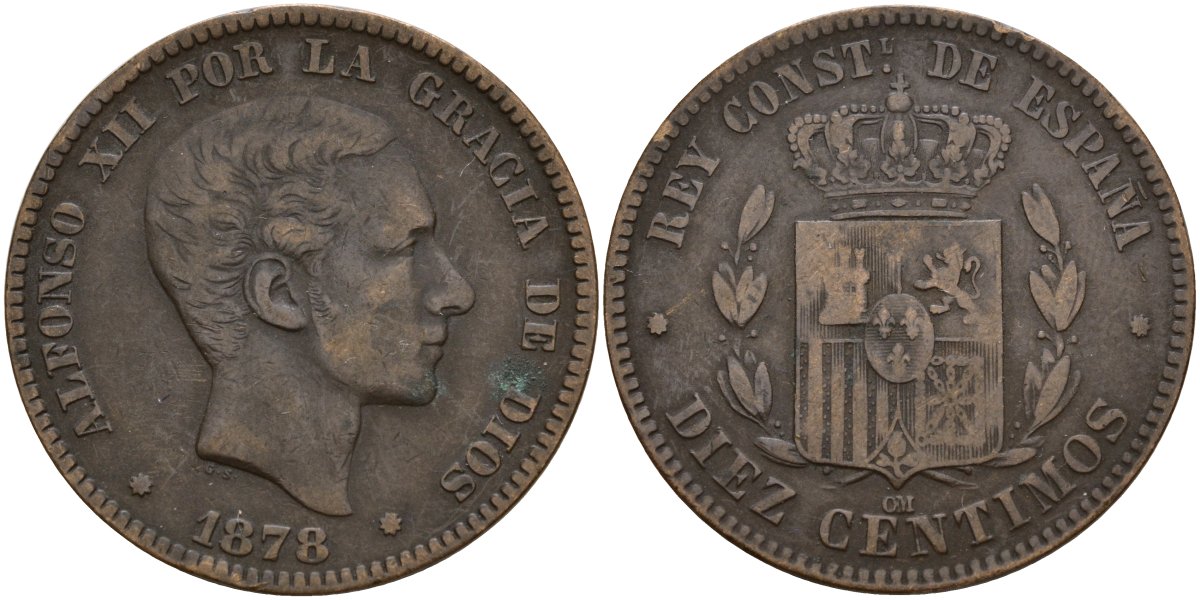 Испания 10 сентимо 1878 Альфонсо XII (1875 - 1885) KM 675 бронза 4157-135
