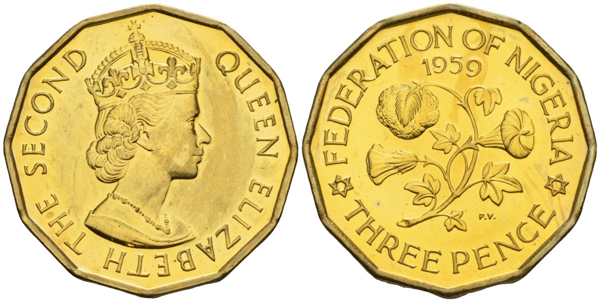 Нигерия 3 пенса 1959 Елизавета II (1952-), Британский протекторат KM 3 никель латунь PROOF 3711-241