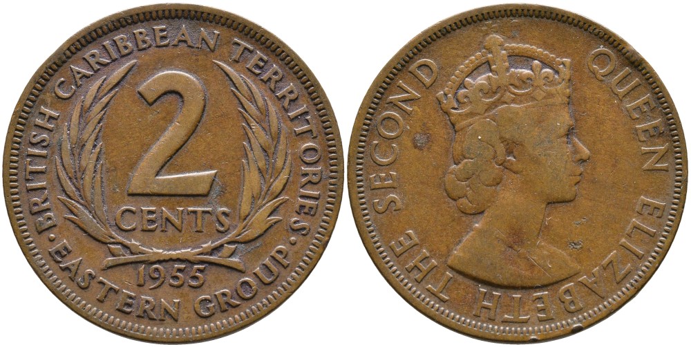 Британские Восточно-Карибские территории 2 цента 1955 Елизавета II (1952-2022) KM 3 бронза 4531-1241