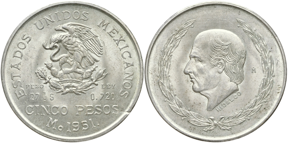 Мексика 5 песо 1951 ИДАЛЬГО KM 467 серебро 00-00