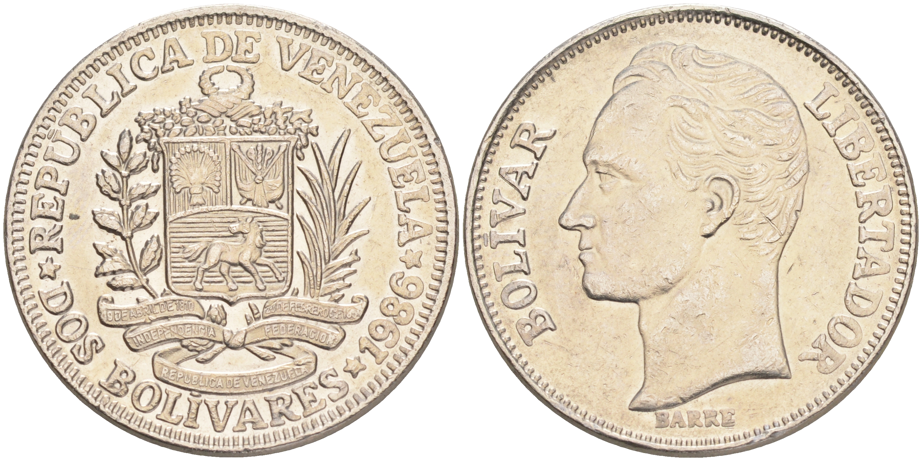 ВЕНЕСУЭЛА 2 БОЛИВАРА 1986 KM 43 никель 189-534