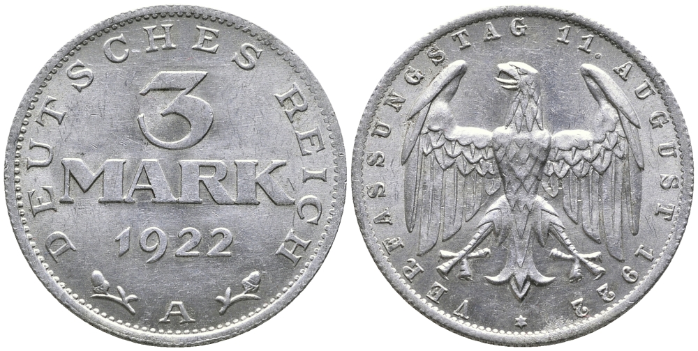 Германия 3 марки 1922 А, третья годовщина Веймарской Конституции KM 29, J. 303 алюминий 38-243